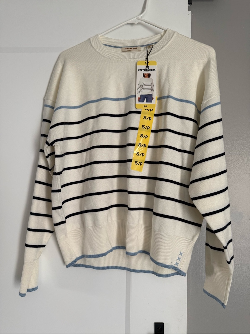 Scotch & Soda Cream Crewneck Sweater with Navy and Light Blue Stripes
